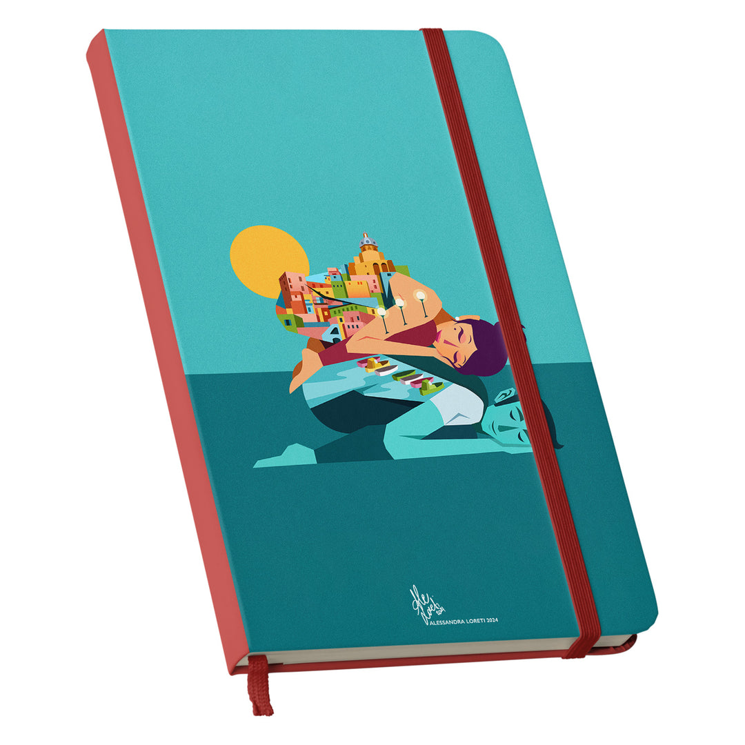 Taccuino Procida dell'album Viaggi Illustrati di Alessandra Loreti: copertina soft touch in 8 colori, con chiusura e segnalibro coordinati