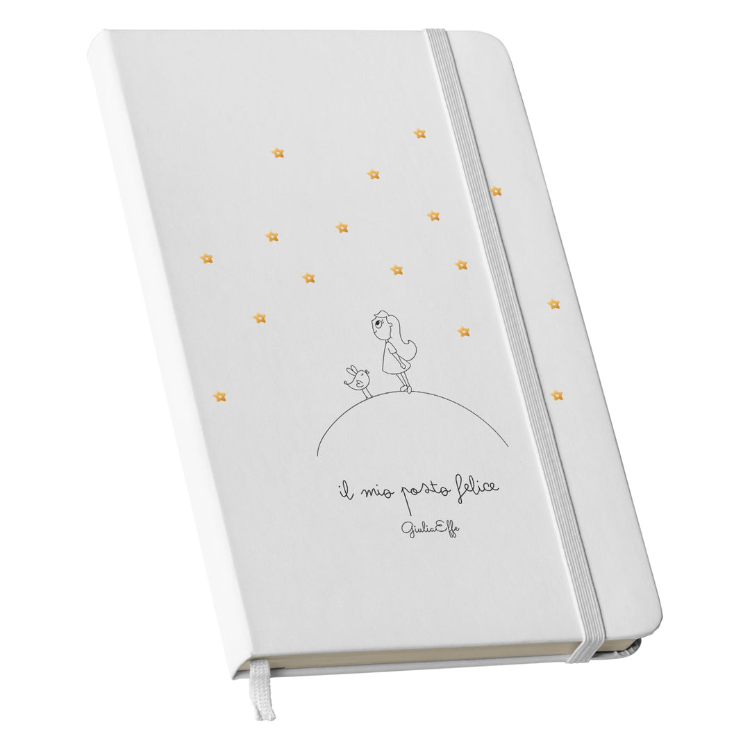 Taccuino Il mio posto felice dell'album Creatività su carta di GiuliaEffe: copertina soft touch in 8 colori, con chiusura e segnalibro coordinati