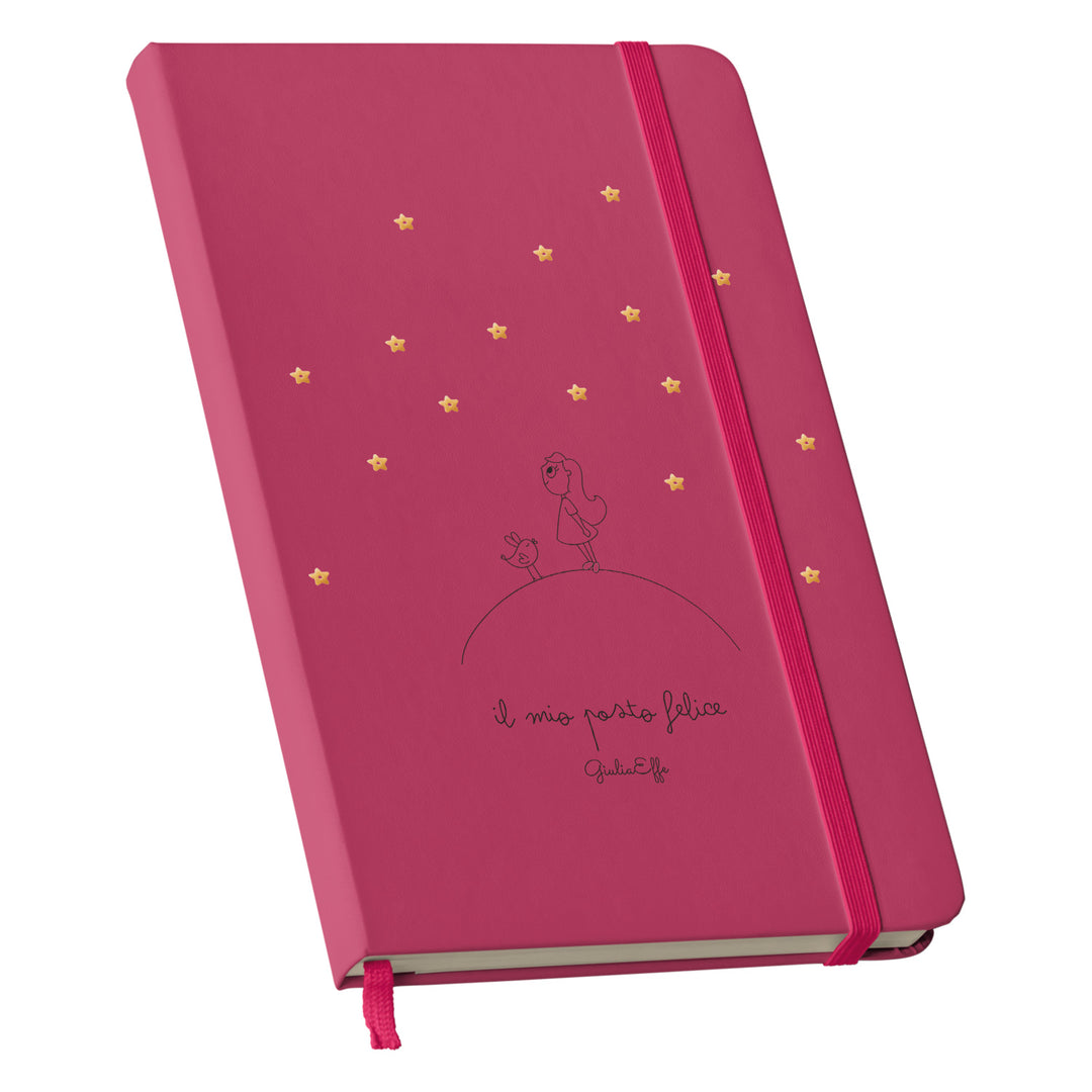 Taccuino Il mio posto felice dell'album Creatività su carta di GiuliaEffe: copertina soft touch in 8 colori, con chiusura e segnalibro coordinati
