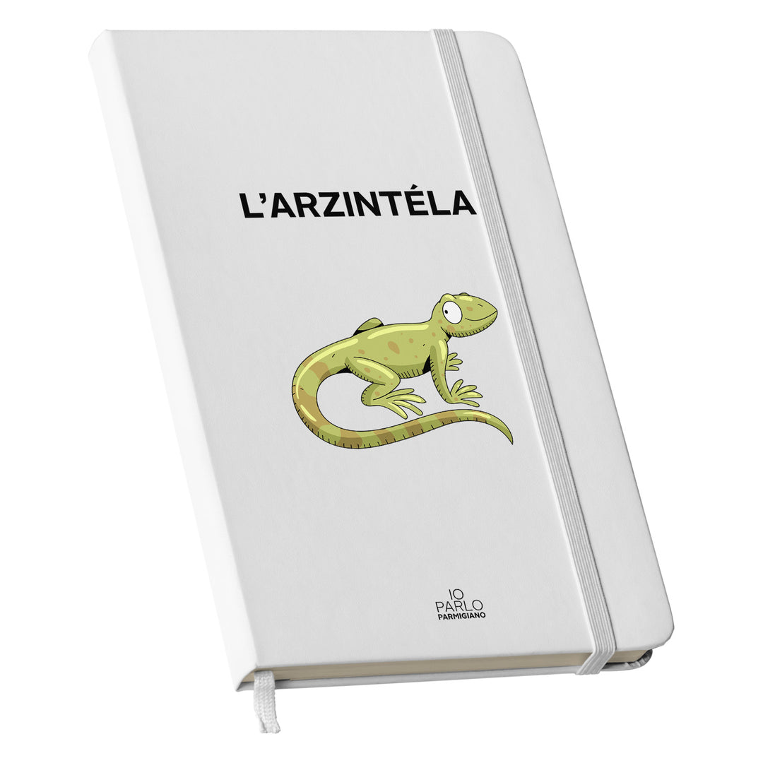 Taccuino L'ARZINTÉLA dell'album LÌNNEA BÉSTJI di Io parlo parmigiano: copertina soft touch in 8 colori, con chiusura e segnalibro coordinati