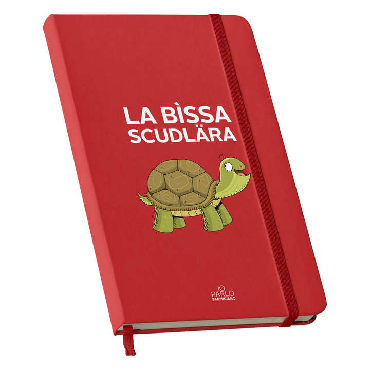 Taccuino LA BÌSSA SCUDLÄRA dell'album LÌNNEA BÉSTJI di Io parlo parmigiano: copertina soft touch in 8 colori, con chiusura e segnalibro coordinati