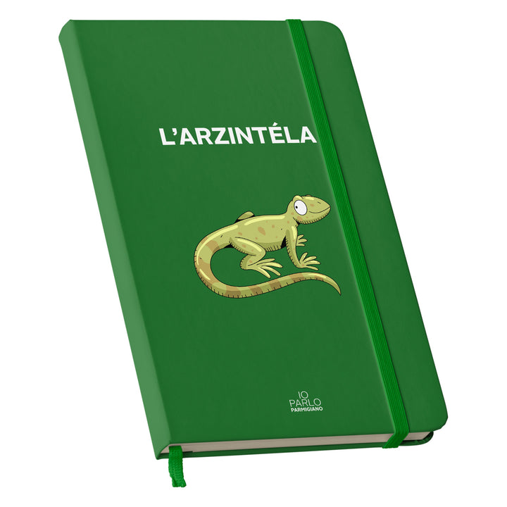 Taccuino L'ARZINTÉLA dell'album LÌNNEA BÉSTJI di Io parlo parmigiano: copertina soft touch in 8 colori, con chiusura e segnalibro coordinati
