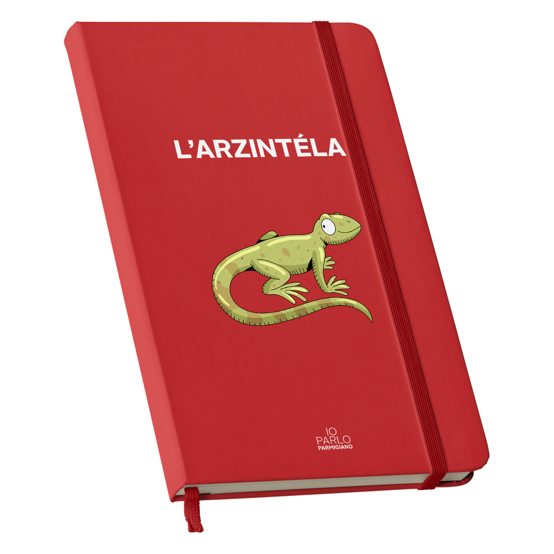 Taccuino L'ARZINTÉLA dell'album LÌNNEA BÉSTJI di Io parlo parmigiano: copertina soft touch in 8 colori, con chiusura e segnalibro coordinati