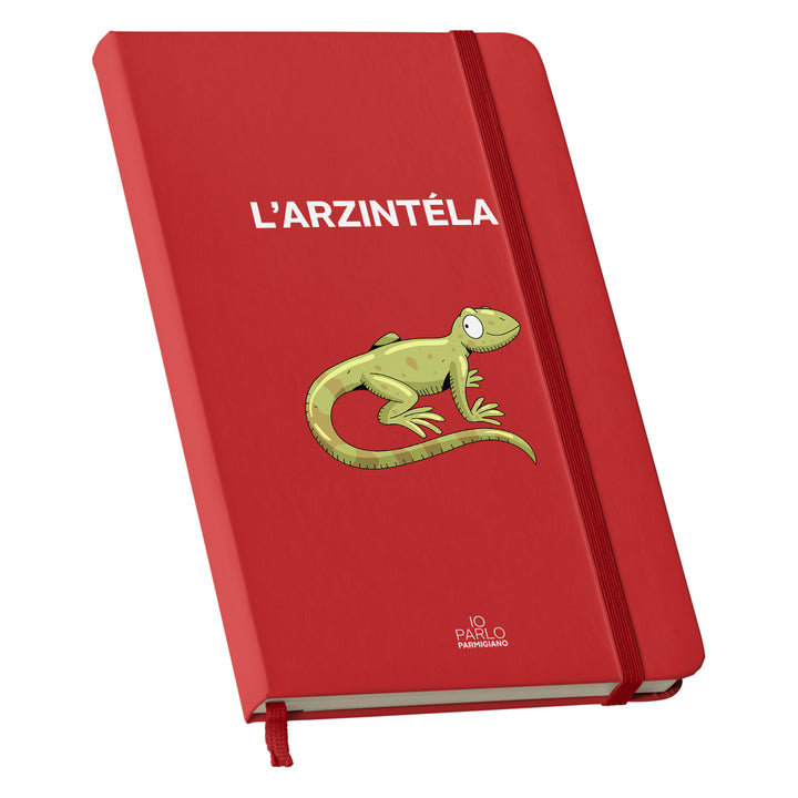 Taccuino L'ARZINTÉLA dell'album LÌNNEA BÉSTJI di Io parlo parmigiano: copertina soft touch in 8 colori, con chiusura e segnalibro coordinati