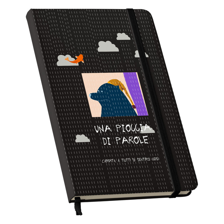Taccuino Pioggia di parole dell'album Taccuini a tutti di Carpita A Tutti: copertina soft touch in 8 colori, con chiusura e segnalibro coordinati