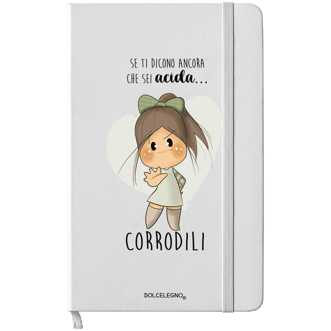 Taccuino Acida dell'album I taccuini delle Bubine di DOLCELEGNO: copertina soft touch in 8 colori, con chiusura e segnalibro coordinati