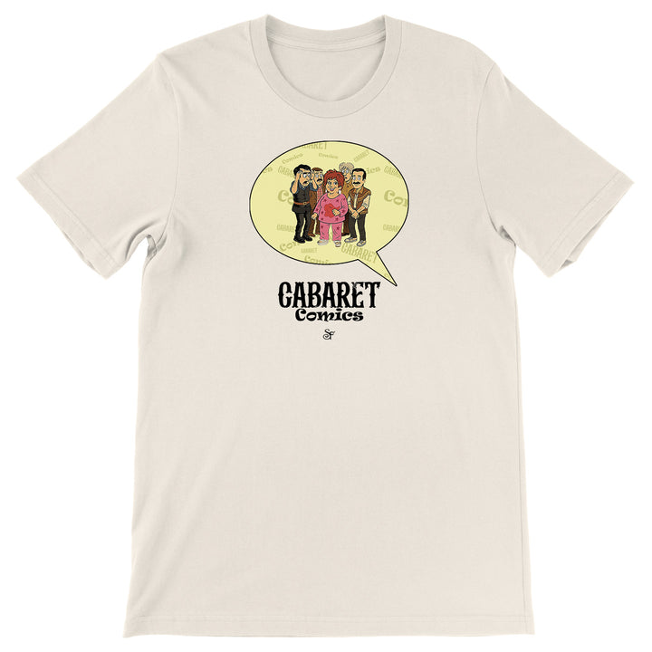 Maglietta Cabaret Comics - giallo dell'album The Nightingale of Cavriago in comics - T-Shirt di SF Creator & Co, T-Shirt uomo donna e bambino a maniche corte in cotone con girocollo