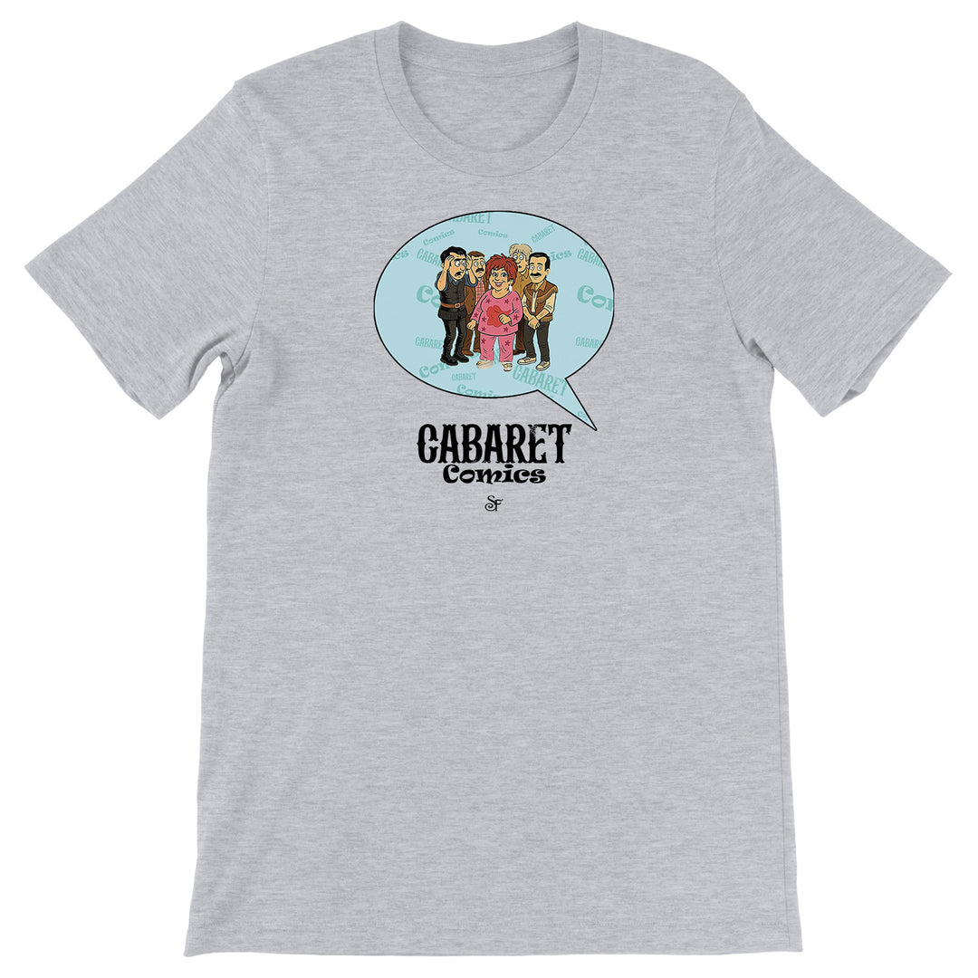 Maglietta Cabaret Comics - azzurro dell'album The Nightingale of Cavriago in comics - T-Shirt di SF Creator & Co, T-Shirt uomo donna e bambino a maniche corte in cotone con girocollo