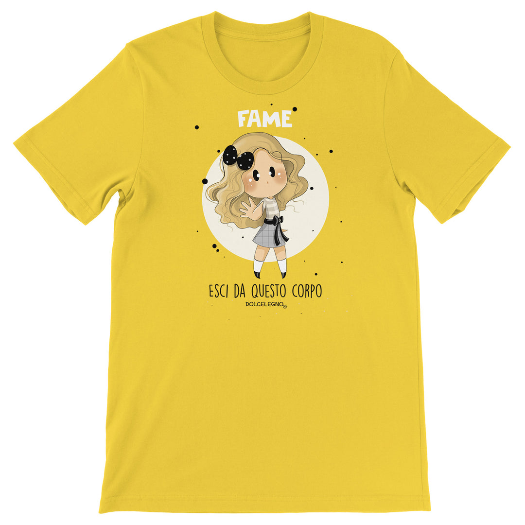 Maglietta Fame dell'album L'amore è nell'aria di DOLCELEGNO, T-Shirt uomo donna e bambino a maniche corte in cotone con girocollo