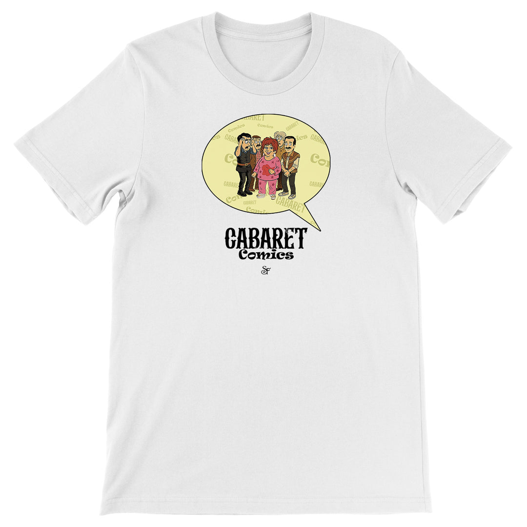Maglietta Cabaret Comics - giallo dell'album The Nightingale of Cavriago in comics - T-Shirt di SF Creator & Co, T-Shirt uomo donna e bambino a maniche corte in cotone con girocollo