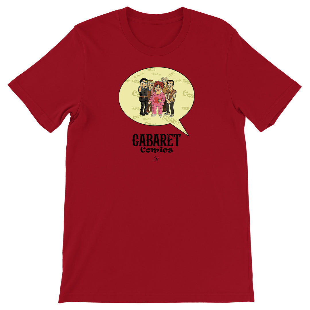 Maglietta Cabaret Comics - giallo dell'album The Nightingale of Cavriago in comics - T-Shirt di SF Creator & Co, T-Shirt uomo donna e bambino a maniche corte in cotone con girocollo