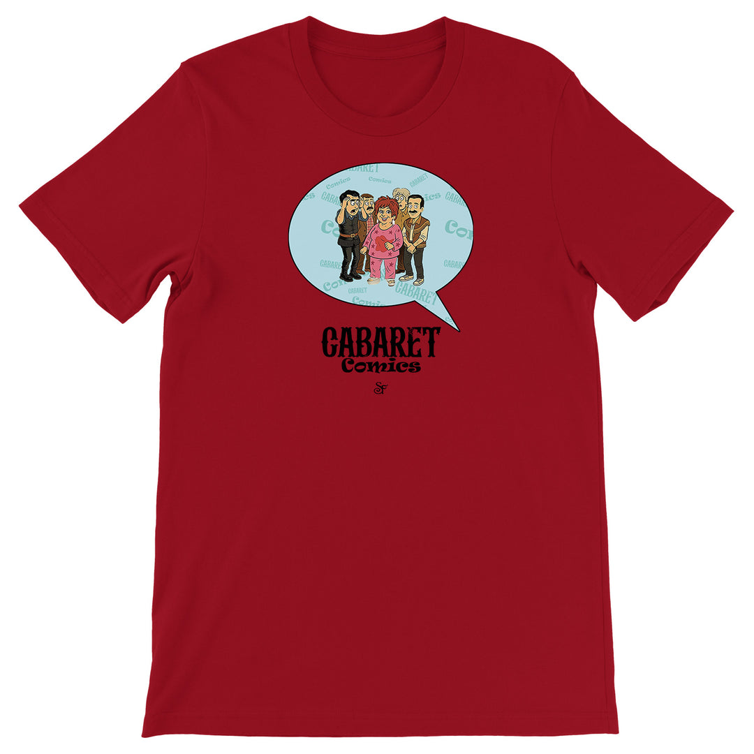 Maglietta Cabaret Comics - azzurro dell'album The Nightingale of Cavriago in comics - T-Shirt di SF Creator & Co, T-Shirt uomo donna e bambino a maniche corte in cotone con girocollo