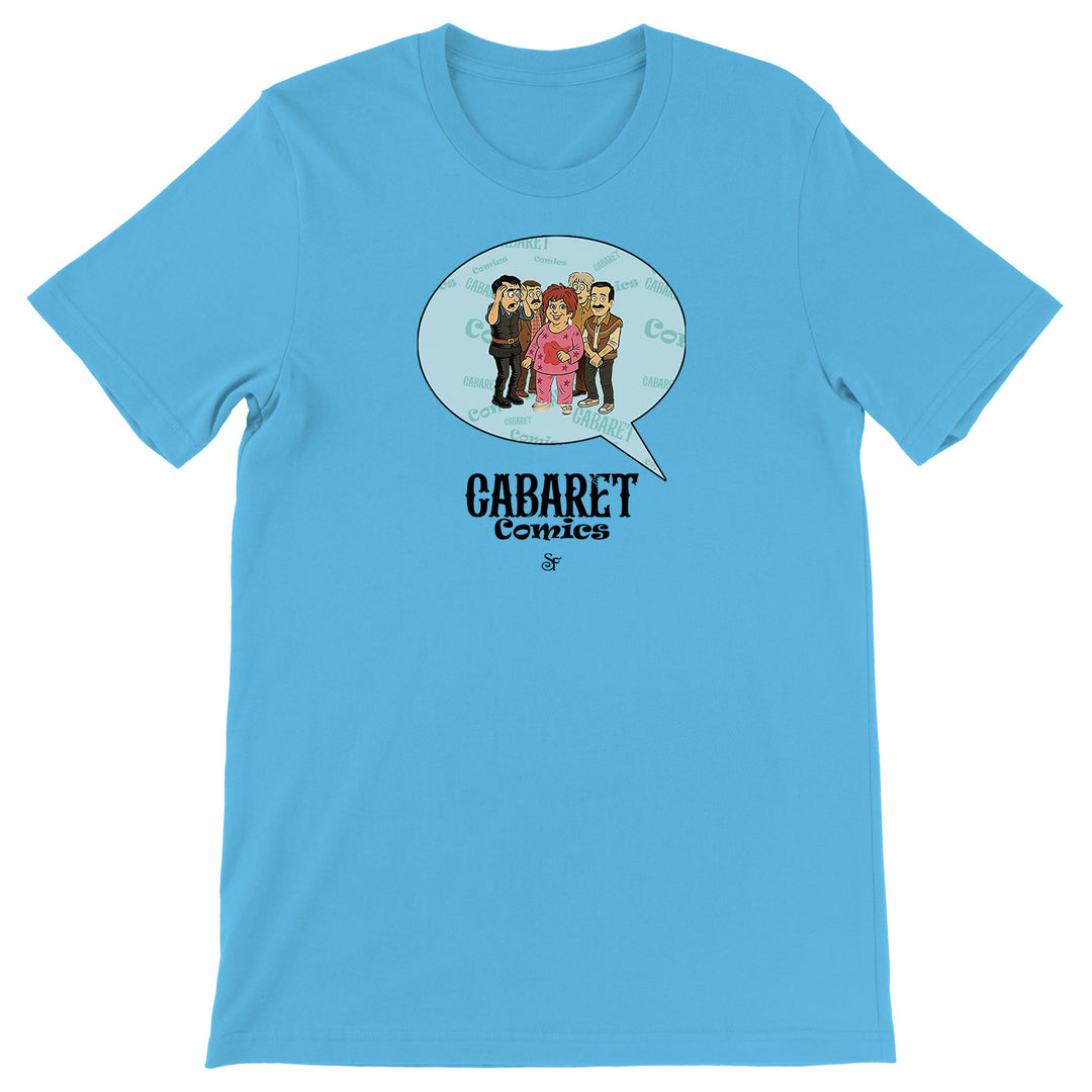 Maglietta Cabaret Comics - azzurro dell'album The Nightingale of Cavriago in comics - T-Shirt di SF Creator & Co, T-Shirt uomo donna e bambino a maniche corte in cotone con girocollo