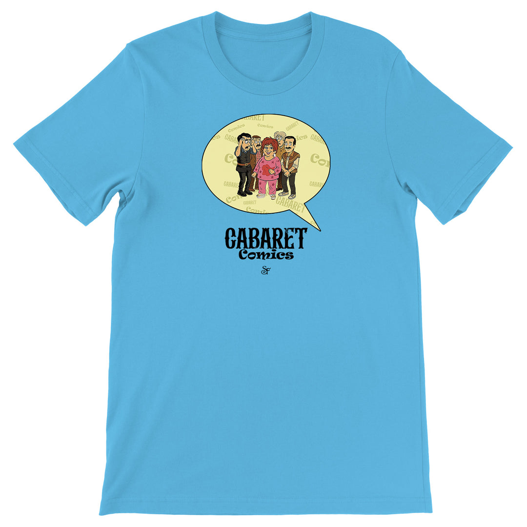 Maglietta Cabaret Comics - giallo dell'album The Nightingale of Cavriago in comics - T-Shirt di SF Creator & Co, T-Shirt uomo donna e bambino a maniche corte in cotone con girocollo