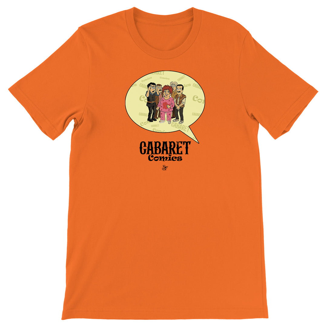 Maglietta Cabaret Comics - giallo dell'album The Nightingale of Cavriago in comics - T-Shirt di SF Creator & Co, T-Shirt uomo donna e bambino a maniche corte in cotone con girocollo
