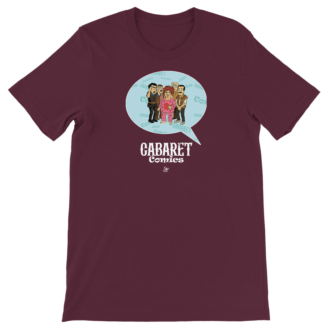Maglietta Cabaret Comics - azzurro dell'album The Nightingale of Cavriago in comics - T-Shirt di SF Creator & Co, T-Shirt uomo donna e bambino a maniche corte in cotone con girocollo
