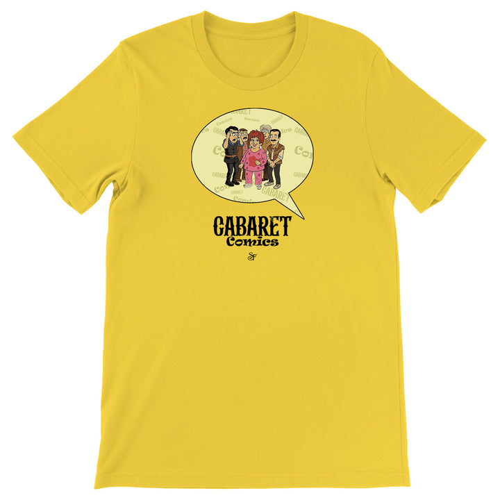 Maglietta Cabaret Comics - giallo dell'album The Nightingale of Cavriago in comics - T-Shirt di SF Creator & Co, T-Shirt uomo donna e bambino a maniche corte in cotone con girocollo