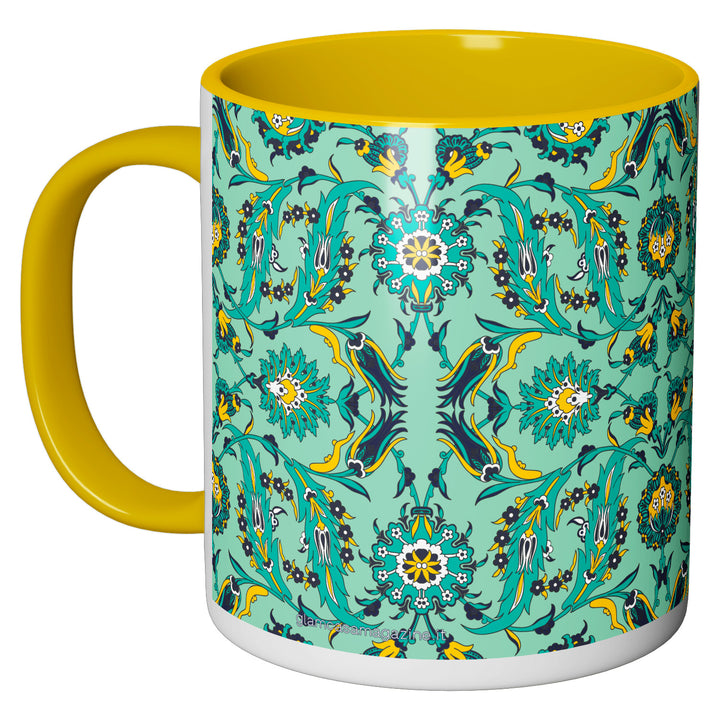 Tazza in ceramica Damascata verde e gialla dell'album Tazze Glam di Glamcasamagazine perfetta idea regalo