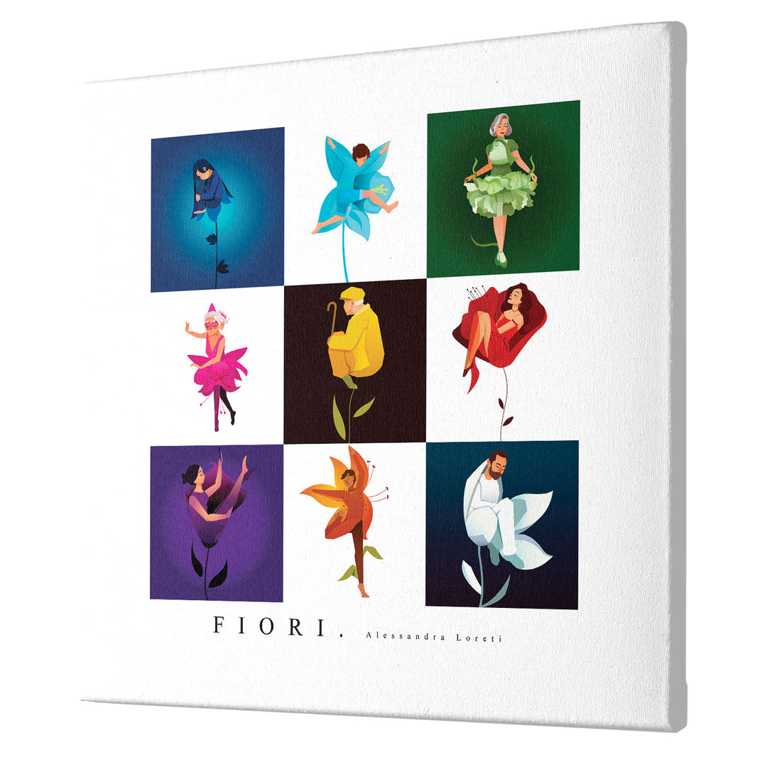 Quadro su tela Mix fiori dell'album Colori in movimento di Alessandra Loreti stampa su tela di alta qualità per arredamento casa o ufficio
