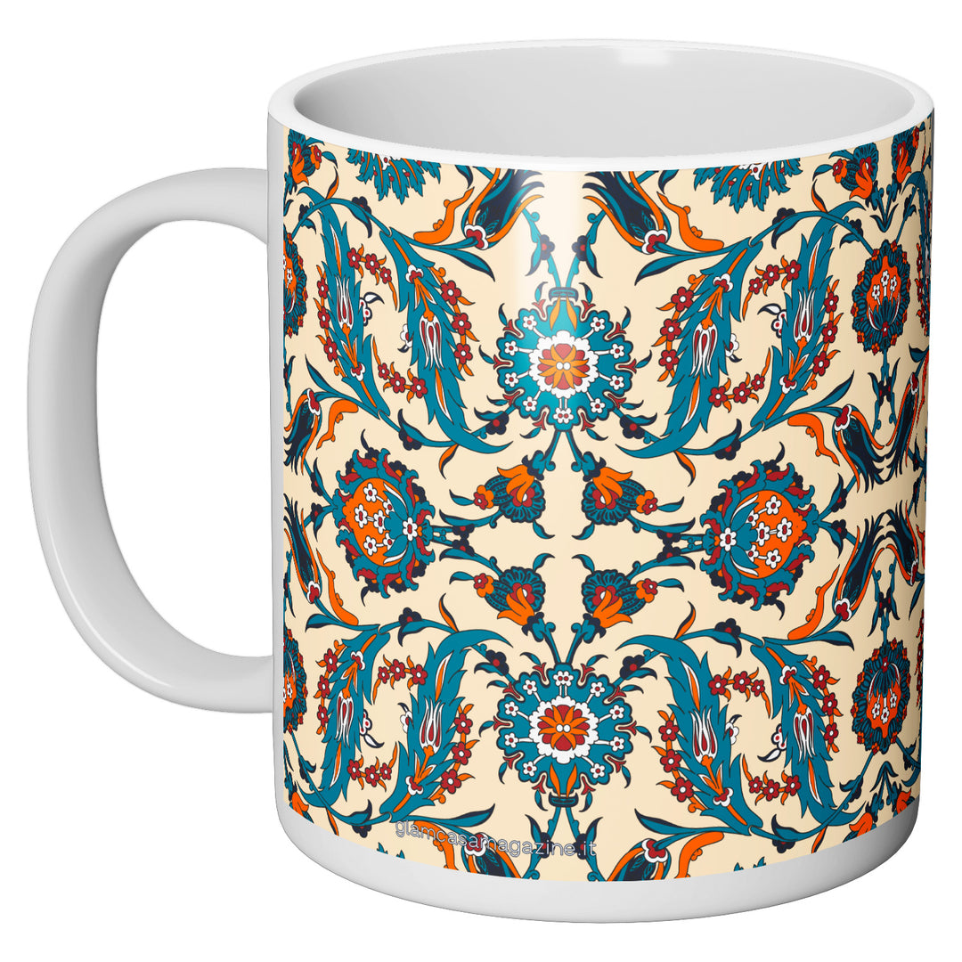 Tazza in ceramica Damascata arancio e turchese dell'album Tazze Glam di Glamcasamagazine perfetta idea regalo