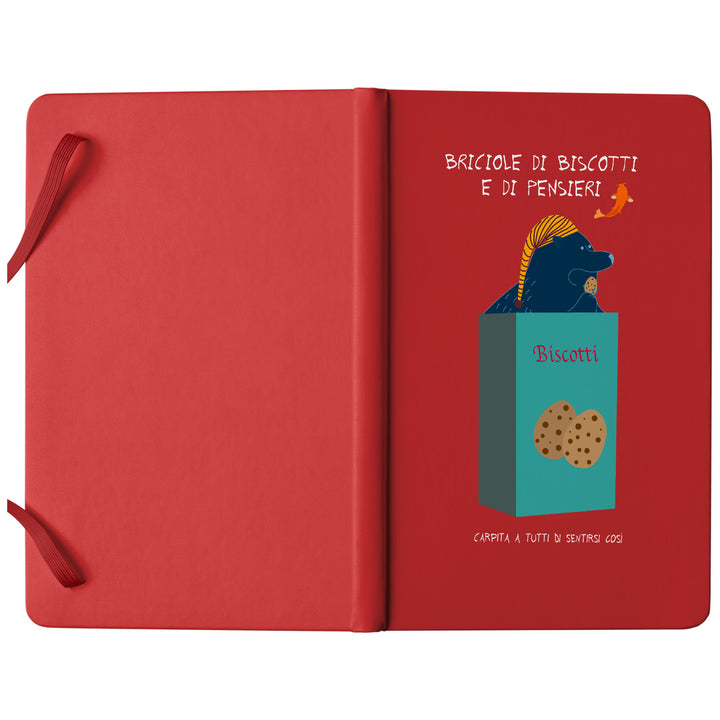 Taccuino Biscotti dell'album Taccuini a tutti di Carpita A Tutti: copertina soft touch in 8 colori, con chiusura e segnalibro coordinati