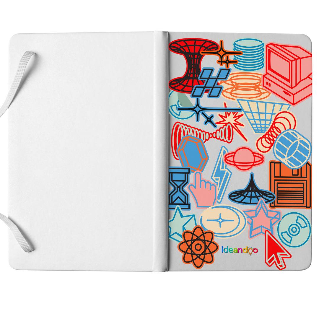 Taccuino Quantum dell'album Sticker di Ideandoo: copertina soft touch in 8 colori, con chiusura e segnalibro coordinati