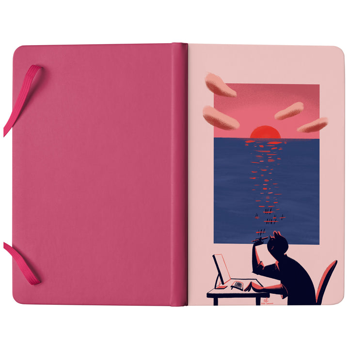 Taccuino Fine estate disegno puro dell'album Taccuini per viaggiare (anche con la mente) di Elisa Lanconelli: copertina soft touch in 8 colori, con chiusura e segnalibro coordinati