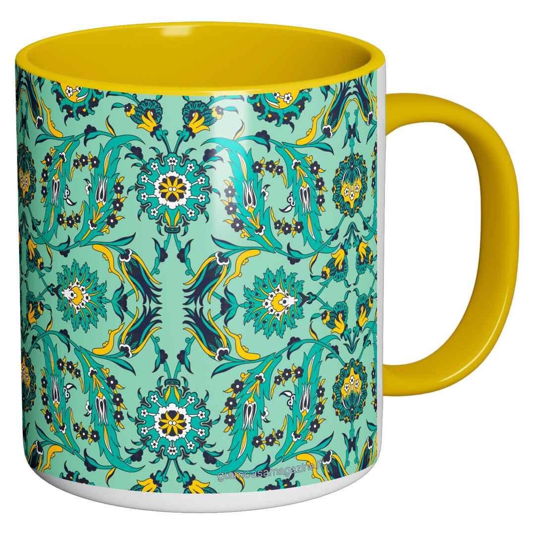 Tazza in ceramica Damascata verde e gialla dell'album Tazze Glam di Glamcasamagazine perfetta idea regalo