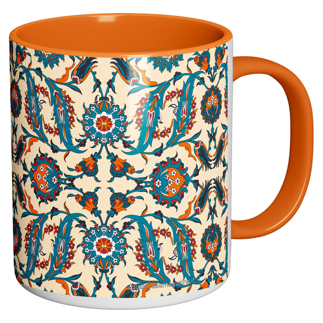 Tazza in ceramica Damascata arancio e turchese dell'album Tazze Glam di Glamcasamagazine perfetta idea regalo