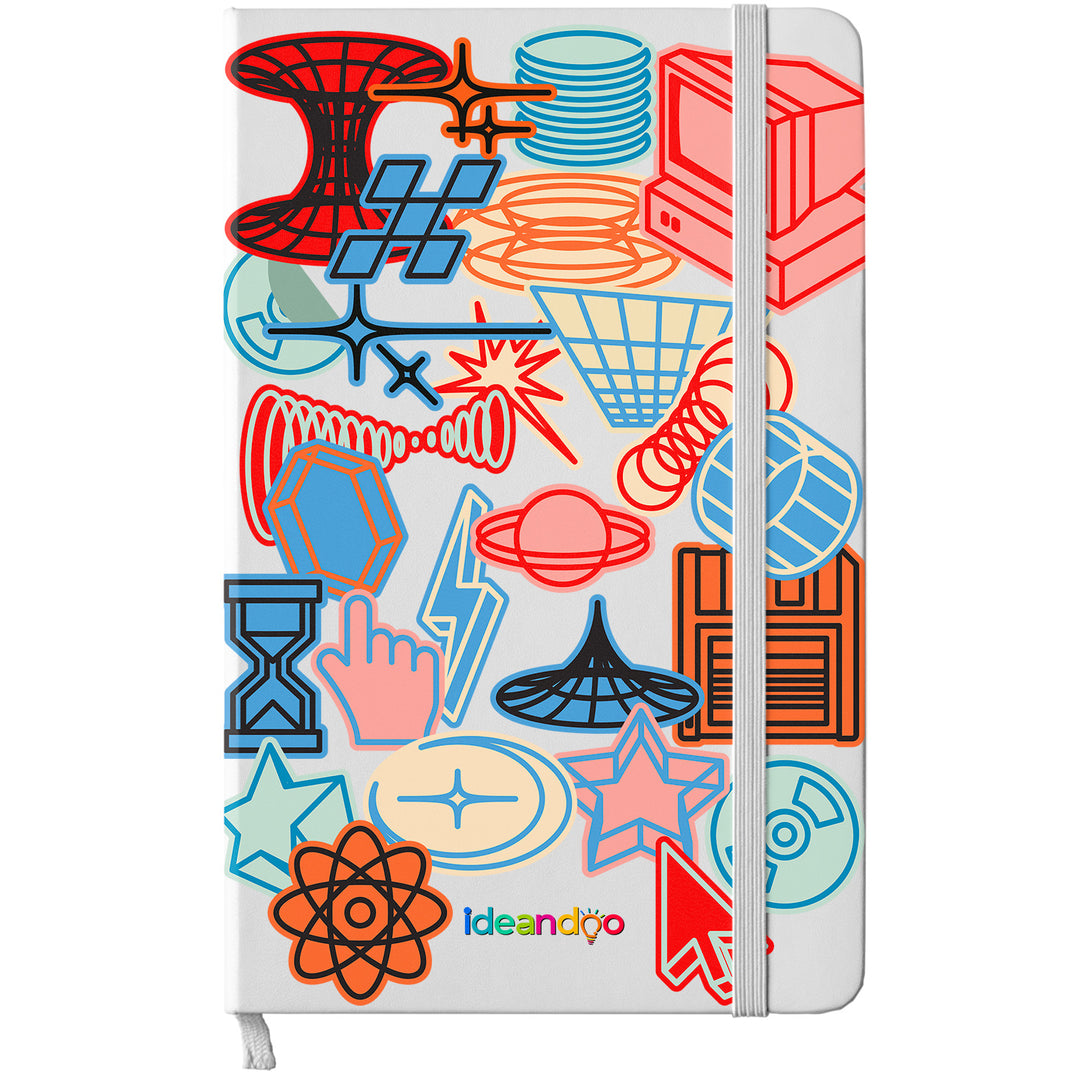 Taccuino Quantum dell'album Sticker di Ideandoo: copertina soft touch in 8 colori, con chiusura e segnalibro coordinati